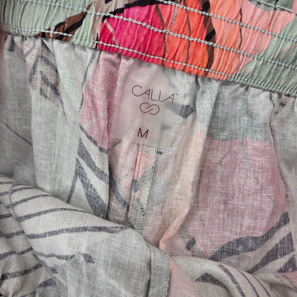 CALIA Medium Tropical Leaf Print Linen Blend Wide Leg Drawstring Pants‎ Green - Picture 2 of 11